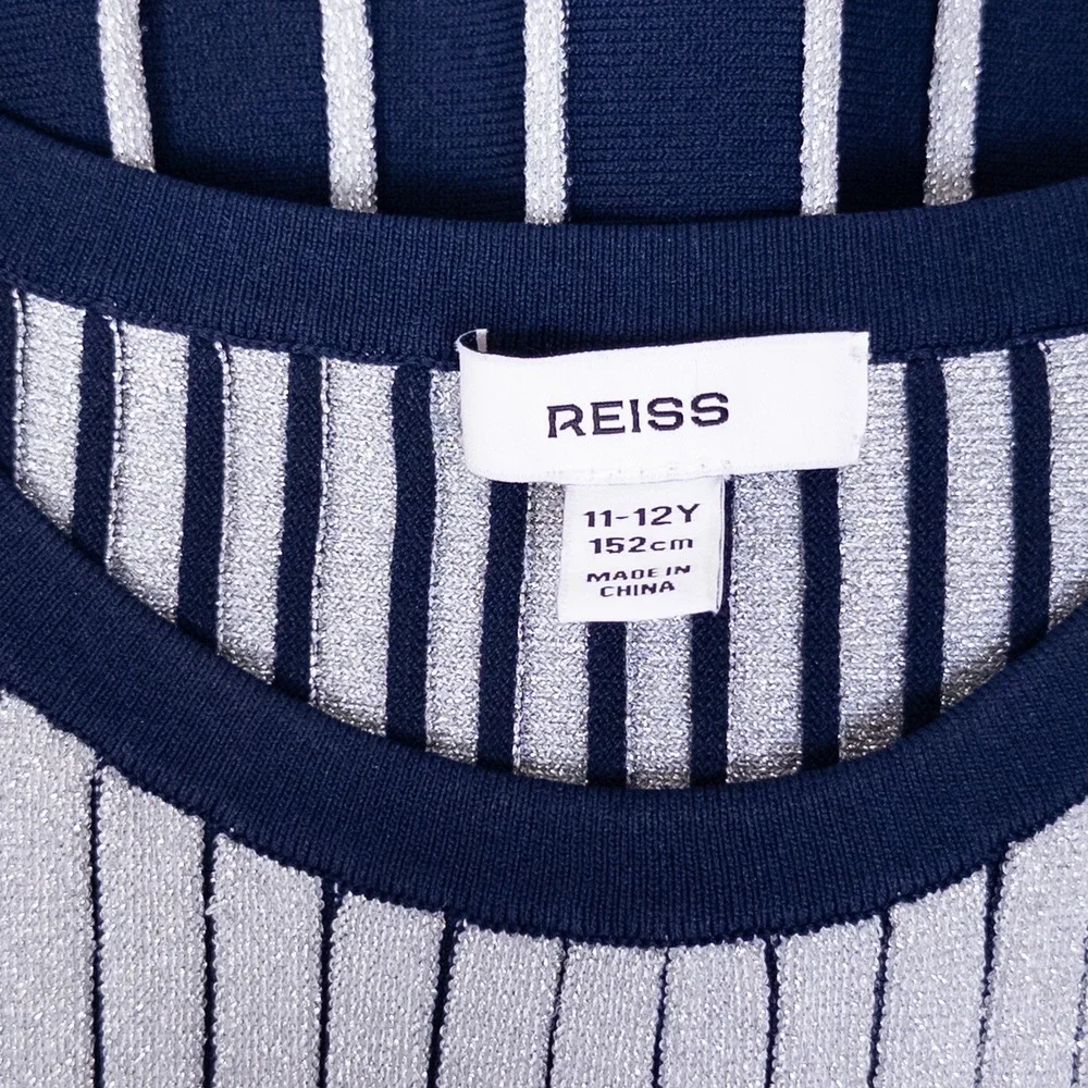 REISS Ribbed‎ Knit Dress Girls 11-12Y Navy Silver Metallic Stripe Skater Dress
